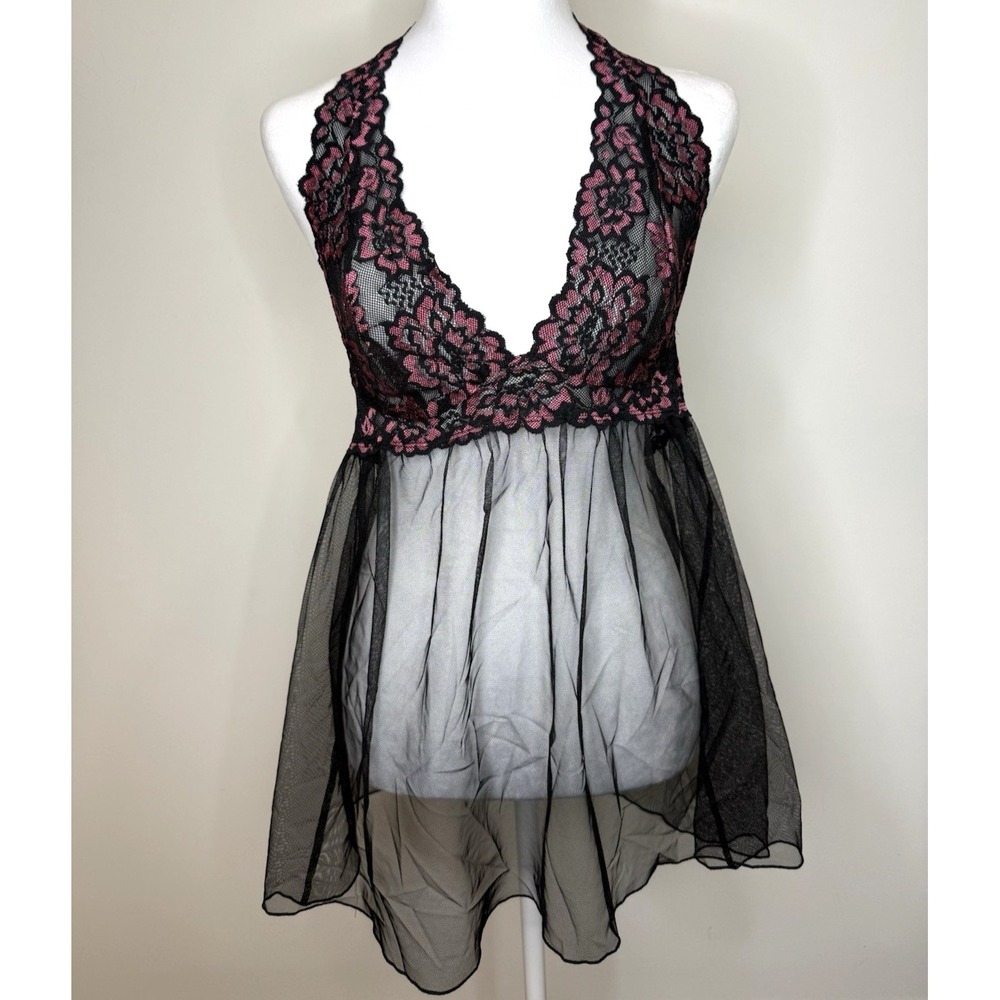 Victoria's Secret Lace Halter Babydoll Slip Dress M Black Pink Mesh Lingerie
